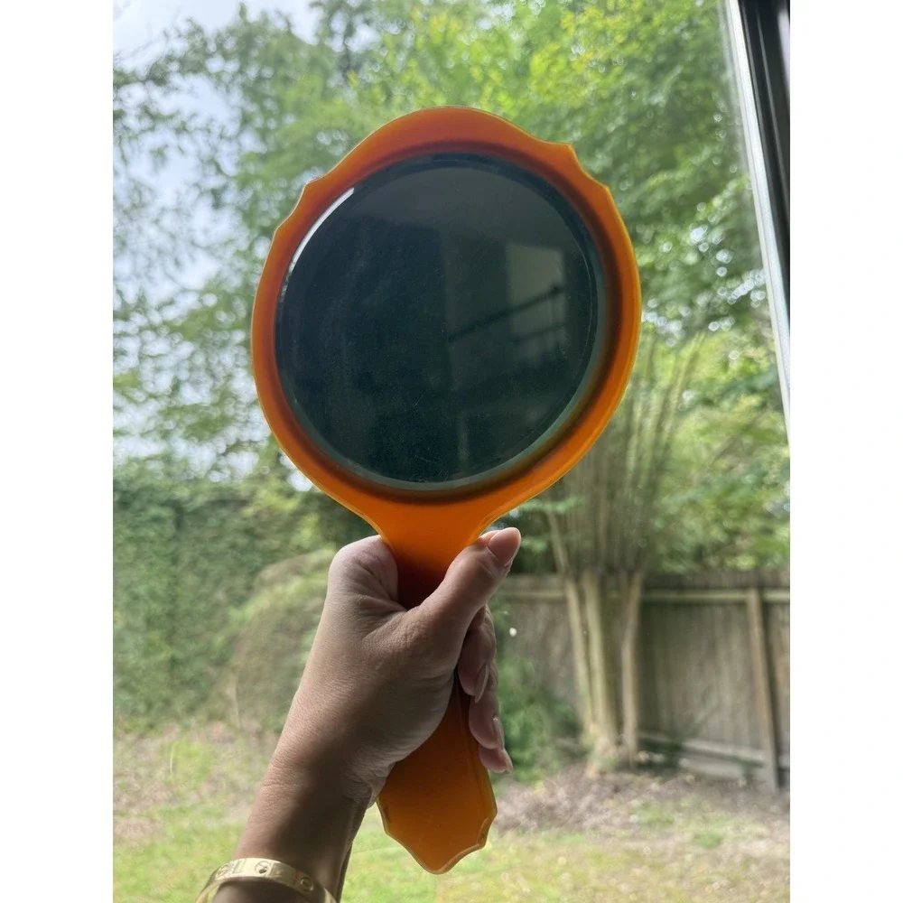 Vintage Amber Orange Bakelite Lucite Acrylic Handheld‎ Mirror